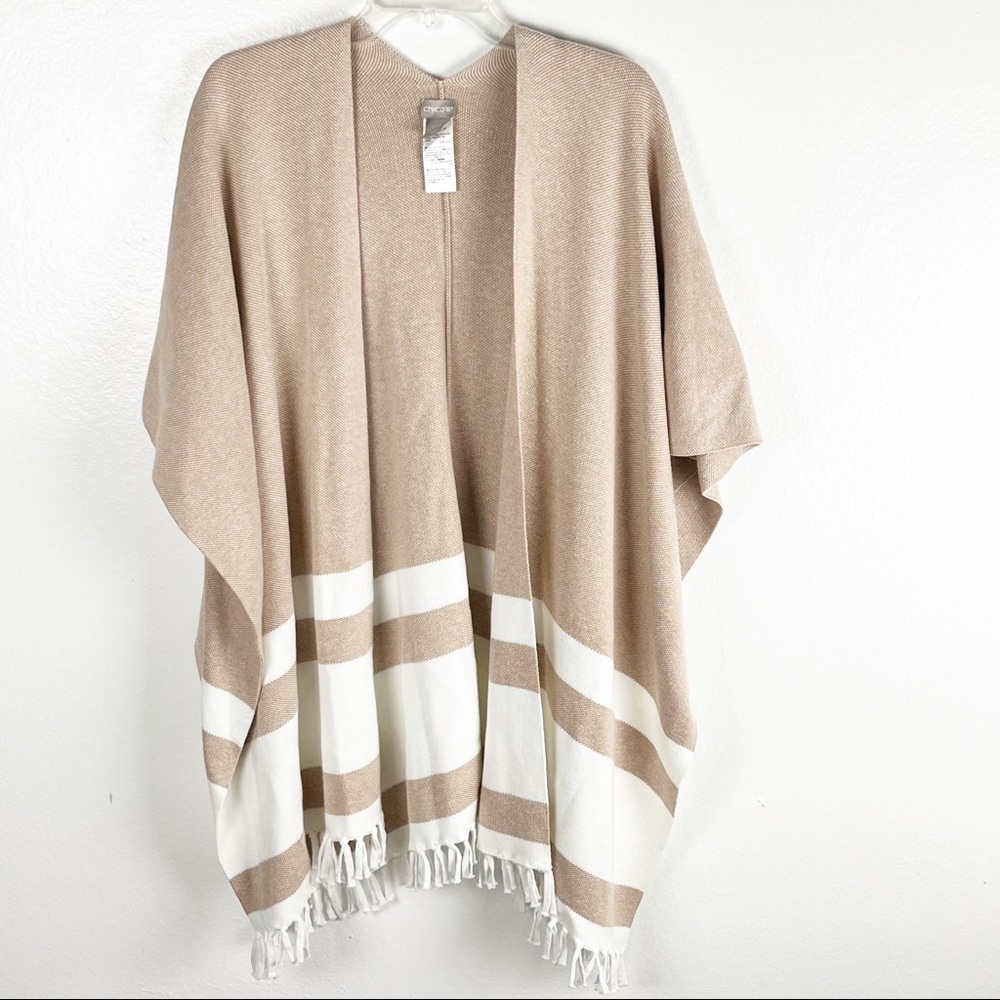 CHICO’S Tan Cream Fringe Hem Poncho, Size Large/XL Preppy Country Club Casual